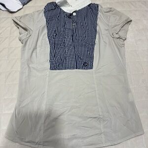 White CT with navy plaid bib